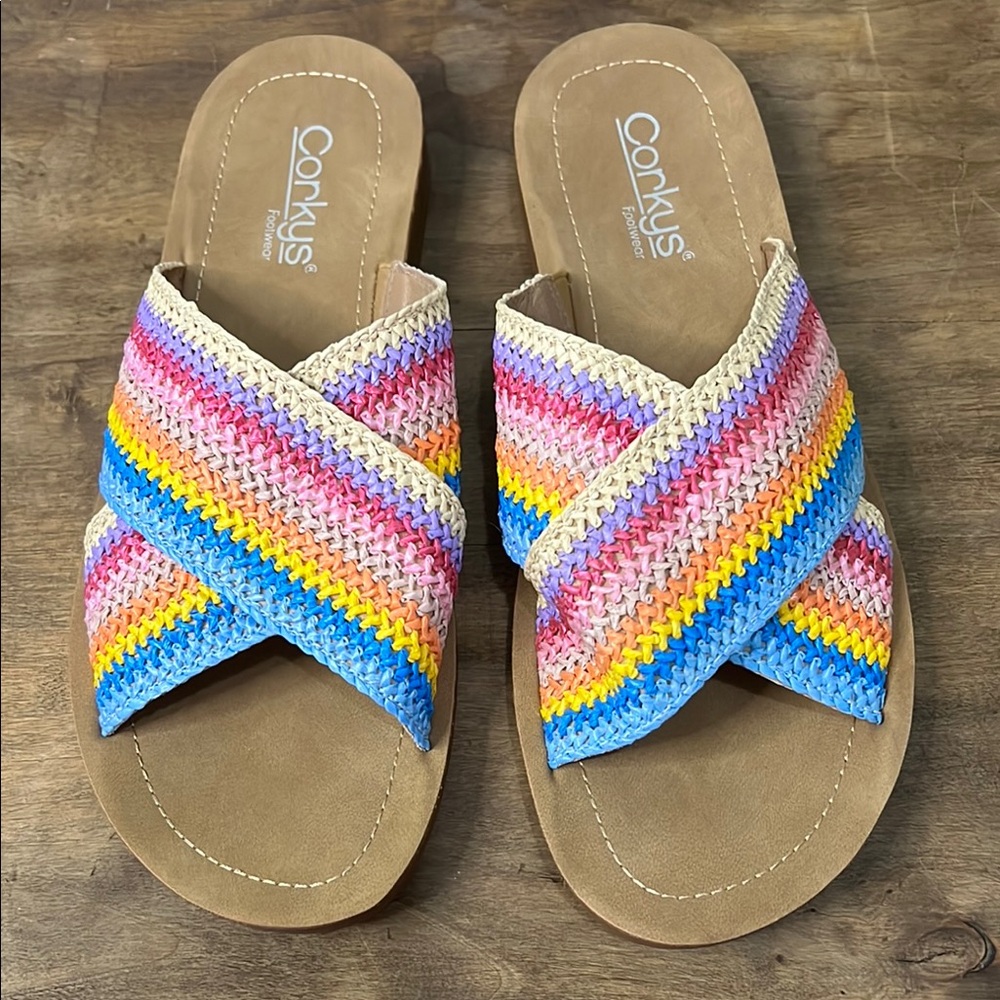 Corkys Pink and Tan Sandals with Woven Cross-Strap Design size 10 - Picture 2 of 6